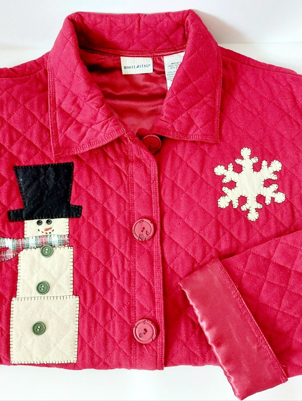 Square Snowman & Snowflake Red Quilted Jacket Medium Cottagecore Christmas Grann